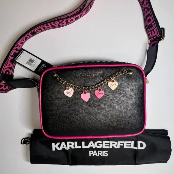 NWT Karl Lagerfeld Bag Black Crossbody Bag Heart Charms Details - Picture 2 of 5